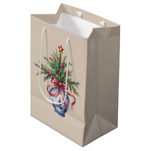 Sacola Para Presentes Média Vaso de Natal com Árvore de Natal em Chinoiserie e
