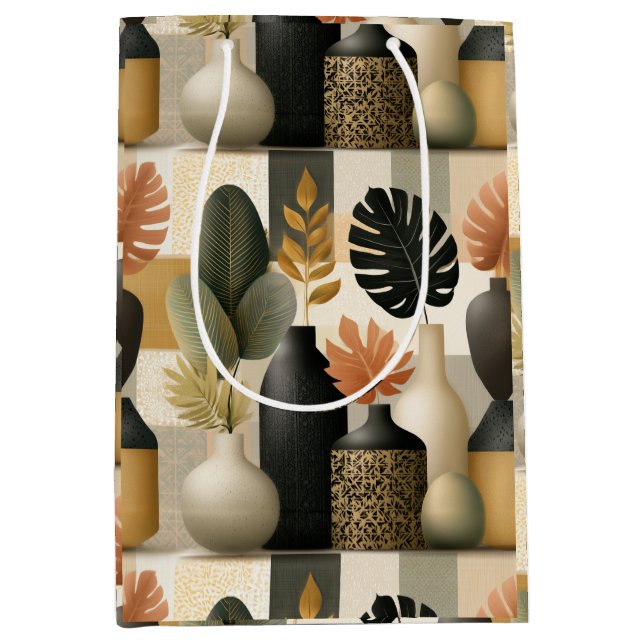 Sacola Para Presentes Média Vasos Cerâmicos Modernos Boho e Folhas Botânicas (Frente)