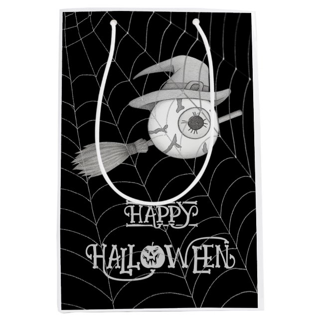 Sacola Para Presentes Média Vassoura-de-bruxa do Halloween, olho assustador, t (Frente)