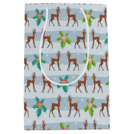 Sacola Para Presentes Média Veado de Natal de inverno com Holly Retro Inspirad