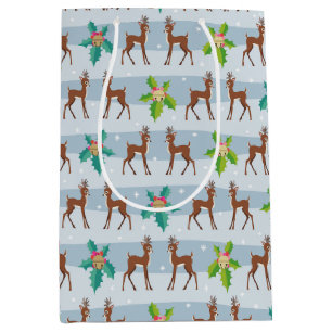 Sacola Para Presentes Média Veado de Natal de inverno com Holly Retro Inspirad