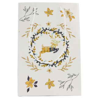 Sacola Para Presentes Média Veado Floral Creme Amarelo Natal