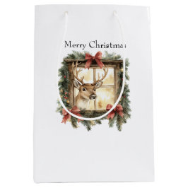 Sacola Para Presentes Média Veado na Janela Arcos Vermelhos Natal