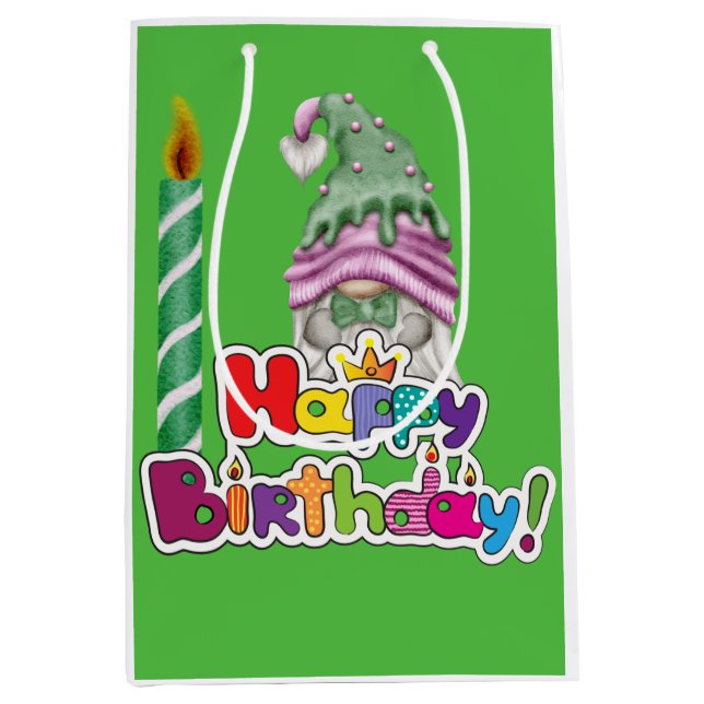 Sacola Para Presentes Média Vela de Aniversário Gnome (Frente)