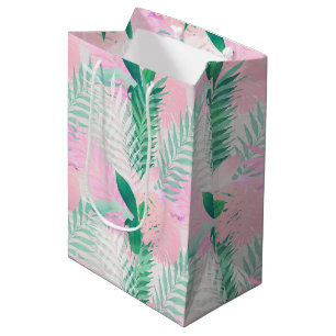 Sacola Para Presentes Média Verão Tropical Rosa Mint Palm Foliage Greenery