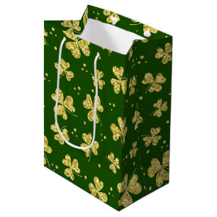 SACOLA PARA PRESENTES MÉDIA VERDE COM DOURADO GLITTER OLHA OS SHAMROCKS
