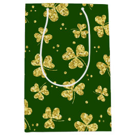 SACOLA PARA PRESENTES MÉDIA VERDE COM DOURADO GLITTER OLHA OS SHAMROCKS