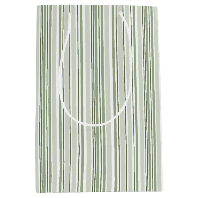 Sacola Para Presentes Média Verde Salvia (Claro, Médio, Escuro) e Listras Bran (Frente)
