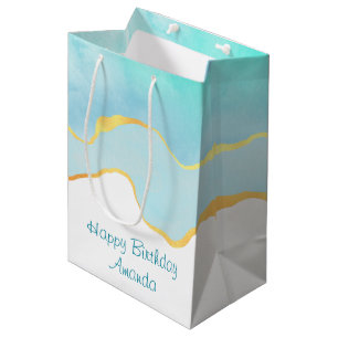 Sacola Para Presentes Média Verde Tropical Tranquilo com Borda Dourada de Aniv