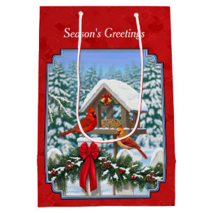 Sacola Para Presentes Média Vermelho de Birdfeeder de Natal dos Cardeal