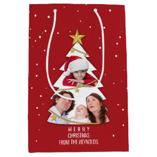 Sacola Para Presentes Média Vermelho de Colagem de Fotos da Árvore de Natal Mo