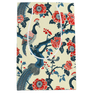 Sacola Para Presentes Média Vermelho Oriental e Azul Floral Pavão-Presente Bag
