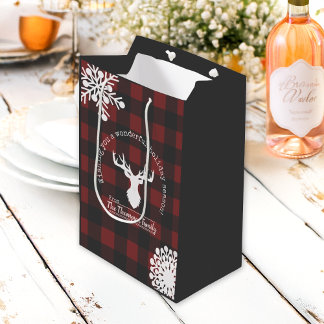 Sacola Para Presentes Média Vermelho Preto Xadrez Búfalo Rena Chifres Natal