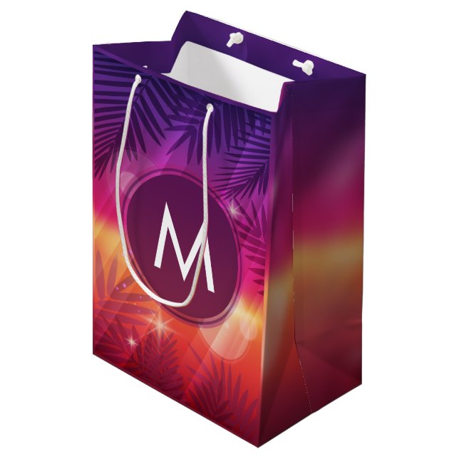 Sacola Para Presentes Média Verões Sunset Palm Trees Monograma Laranja Roxo (Frente inclinada)