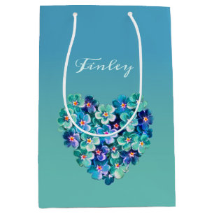 Sacola Para Presentes Média Verruga Floral do Coração Vintage Azul Teal Person