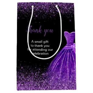 Sacola Para Presentes Média Vestido Roxo Escuro Faux Glitter Doce 16 Aniversár