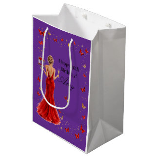 Sacola Para Presentes Média Vestido vermelho elegante com borboletas 40º anive