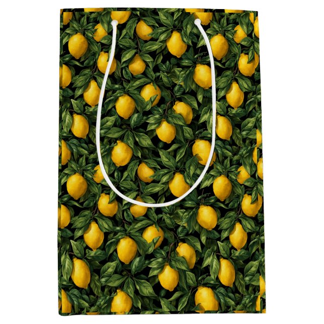 Sacola Para Presentes Média Vibrant Lemon Citrus Tree Pattern (Frente)