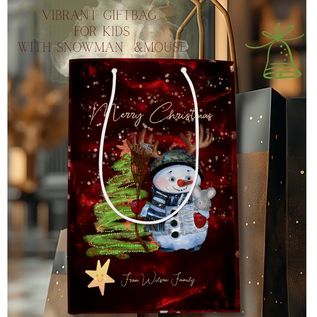 Sacola Para Presentes Média Vibrant Red Gold Snowman Mouse Christmas Gift Bag (Vibrant Red Gold Snowman Mouse Christmas Gift Bag)