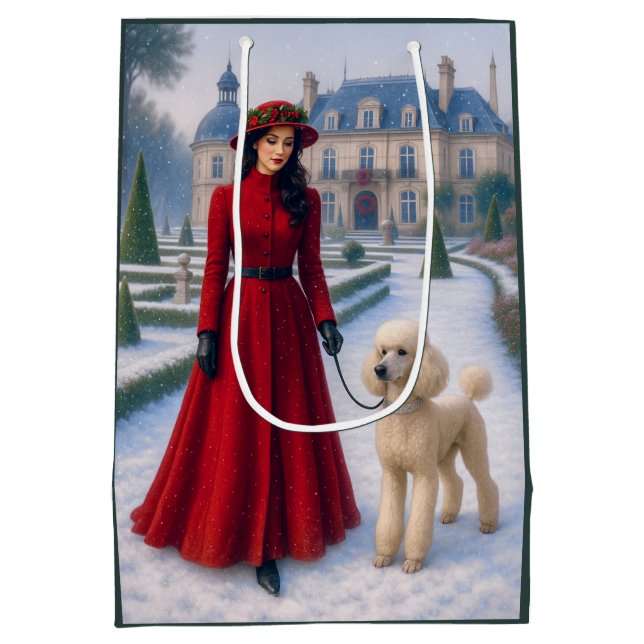 Sacola Para Presentes Média Victorian Standard Poodle Holiday  (Verso)