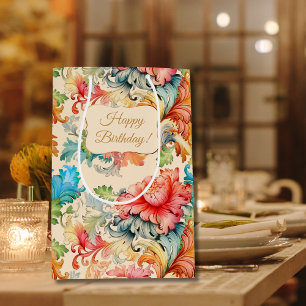 Sacola Para Presentes Média Victorian Vintage Floral Pattere Feliz Aniversário