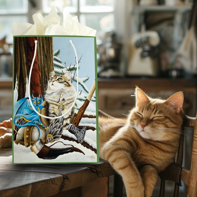Sacola Para Presentes Média Viking Cat Blue Dragon (Criador carregado)