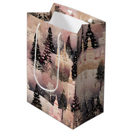 Sacola Para Presentes Média Vila de Natal Rosa e Preta Elegante