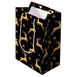 Sacola Para Presentes Média Vinho Estrelas Rena Preto Dourado Metálico, Pequen