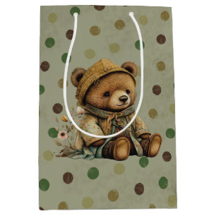 Sacola Para Presentes Média Vintage Brown Teddy Bear E Polkadots