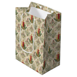 Sacola Para Presentes Média Vintage Christmas Candle Damask Pattern Holiday