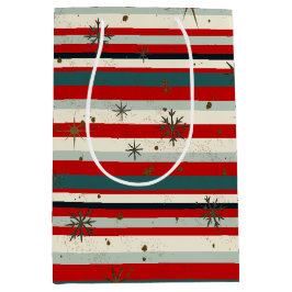 Sacola Para Presentes Média Vintage Christmas Snowflake Speckled Stripes