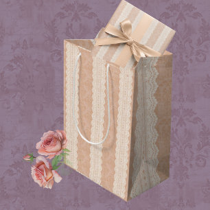 Sacola Para Presentes Média Vintage Dusty Peach Lace and Damask