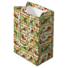 Sacola Para Presentes Média Vintage Folk Art Christmas Birds & Holly Berry