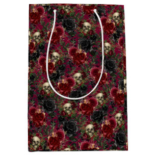 Sacola Para Presentes Média Vintage Gótica Crânio e Rosas Vermelho e Preto