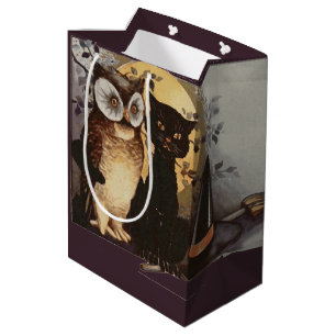 Sacola Para Presentes Média Vintage Halloween Black Cat & Owl Witl Hat Moon