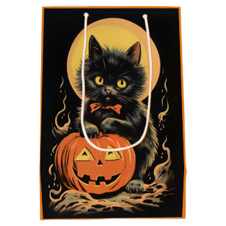 Sacola Para Presentes Média Vintage Halloween Cat com Pumpkin