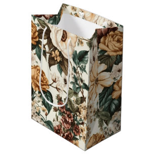Sacola Para Presentes Média Vintage Ivory Flowers, Padrão de Rosas Multicolore