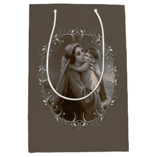 Sacola Para Presentes Média Vintage Madonna e Child com Silver Frame