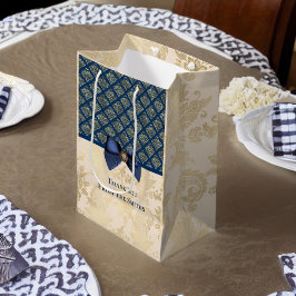 Sacola Para Presentes Média Vintage Marinho Dourado Damask Consulte Obrigado c