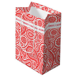 Sacola Para Presentes Média Vintage paisley vermelho-natalino e branco
