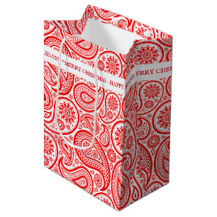 Sacola Para Presentes Média Vintage paisley vermelho-natalino e branco