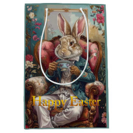 Sacola Para Presentes Média Vintage rabbit Drinking Tea Happy Easter