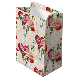 Sacola Para Presentes Média Vintage Red Roses & Key to My Heart Valentine's