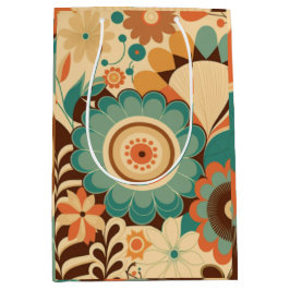 Sacola Para Presentes Média Vintage retro design floral castanho-verde