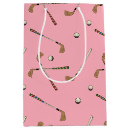 Sacola Para Presentes Média Vintage Retro Golf Golfer Clubs Balls Padrão Rosa