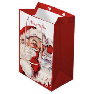 Sacola Para Presentes Média Vintage Santa Claus Feliz Retro de Natal