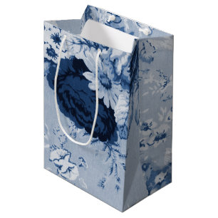 Sacola Para Presentes Média Vintage Toile floral No.4 do azul de índigo