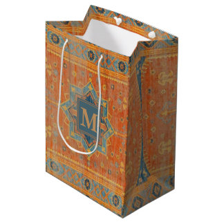 Sacola Para Presentes Média Vintage Tribal Rug Blue Star Medallion and Orange