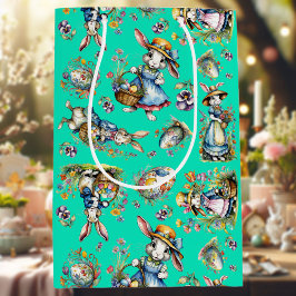 Sacola Para Presentes Média Vintage Verde Menta Coelho de Páscoa Floral Água-f