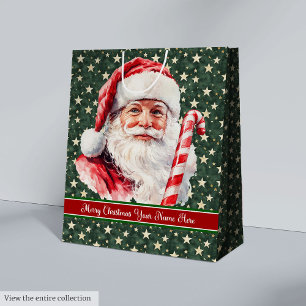 Sacola Para Presentes Média Vintage Watercolor Santa Claus Gift Bag Monograma